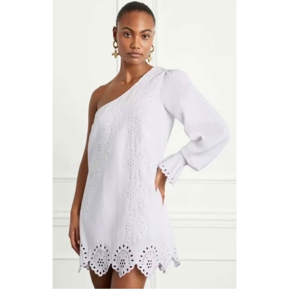 Hill House The Mila Dress - White One Shoulder Linen Cotton Eyelet Mini Dress